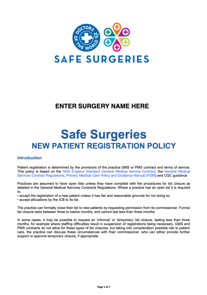 Safe Surgeries New patient registration toolkit