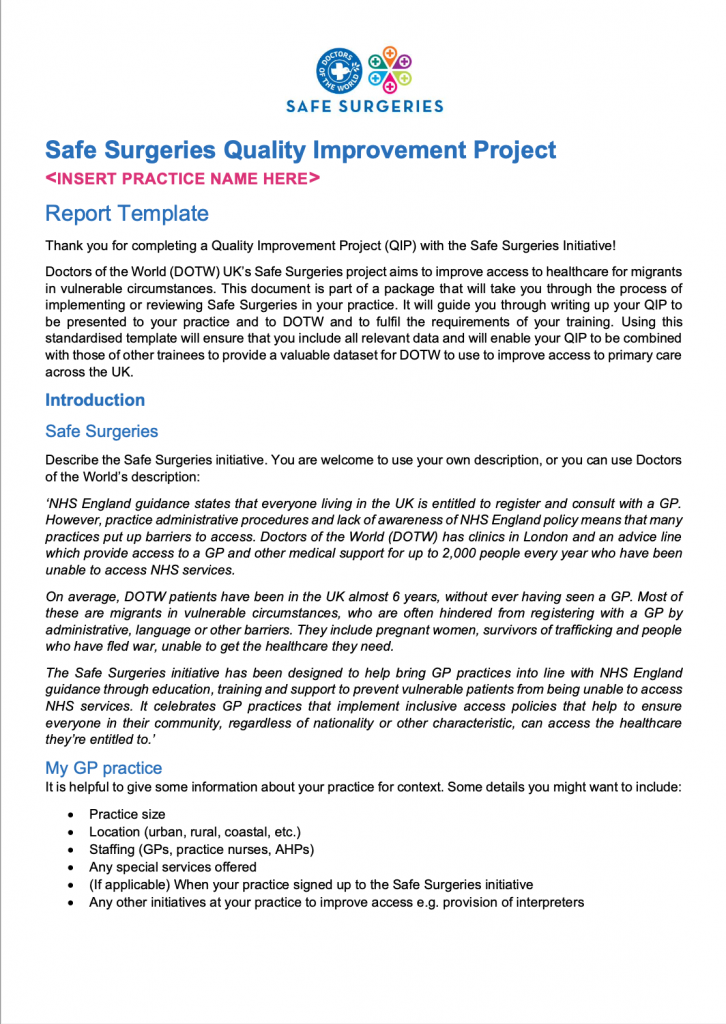 Safe Surgeries QIP report template